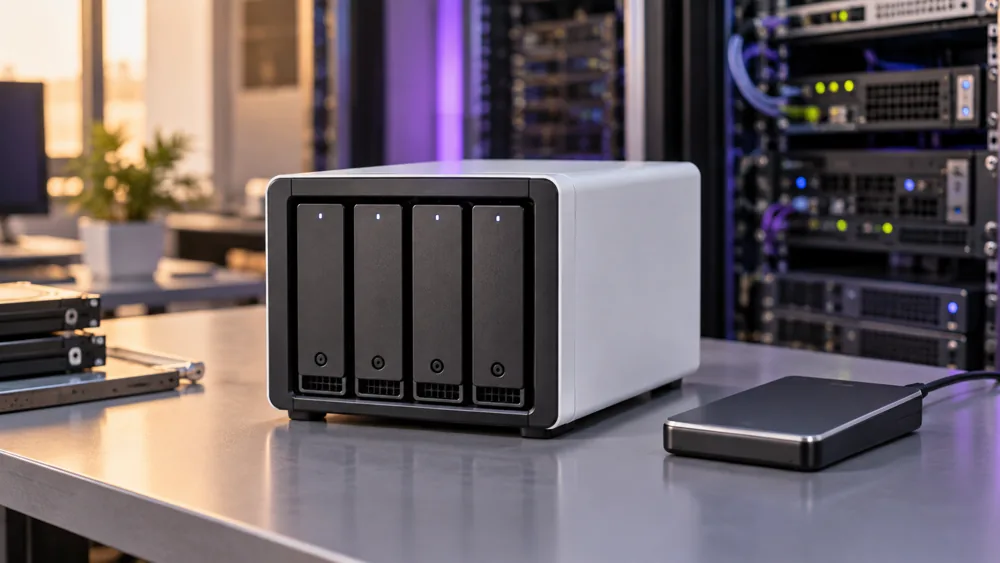 Illustrative backup storage enclosure and external drive