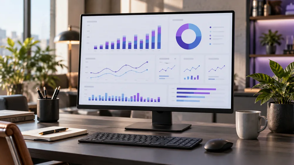 Illustrative business dashboard on an office monitor