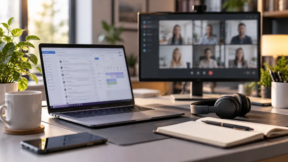 Illustrative workspace with email and video collaboration screens