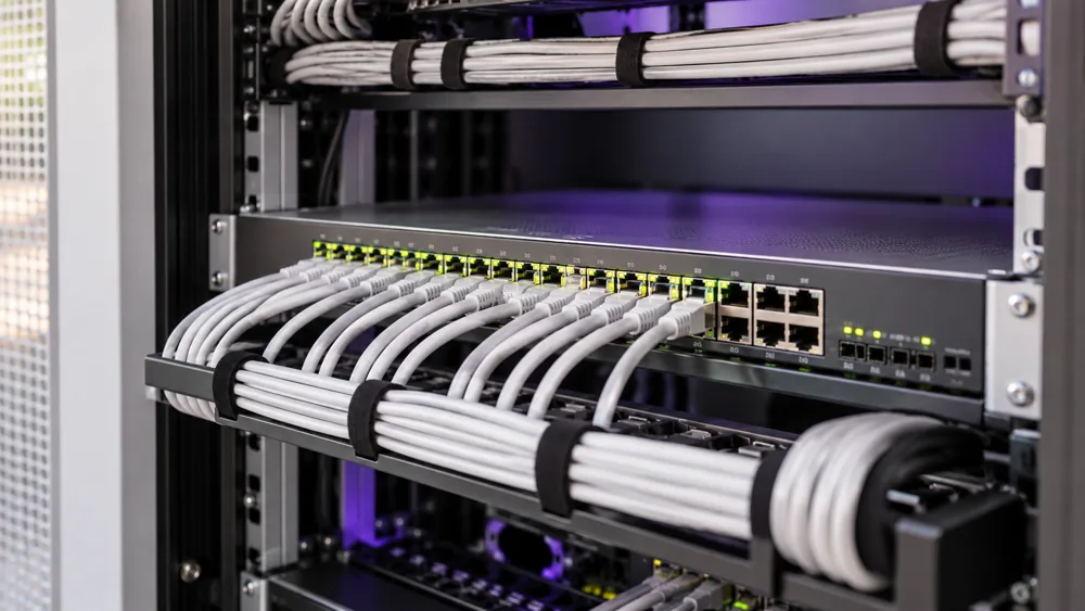 Illustrative managed network switch with neatly arranged cabling