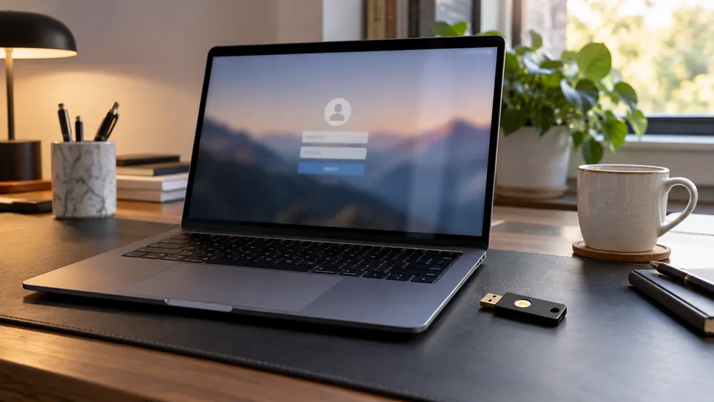 Illustrative remote-work laptop and security key