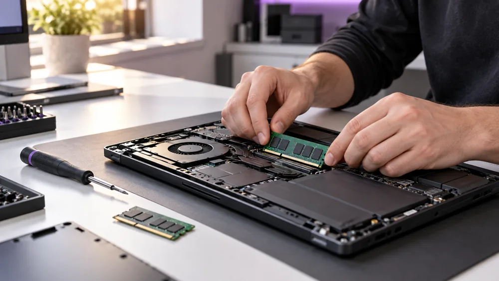 Illustrative technician upgrading a business laptop